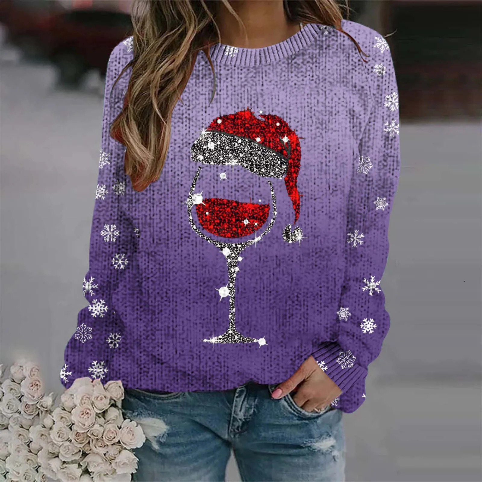Autumn Christmas wine glass pattern womens sweater thick snowflake print sweater Christmas gradient color latte knit sweater 241025