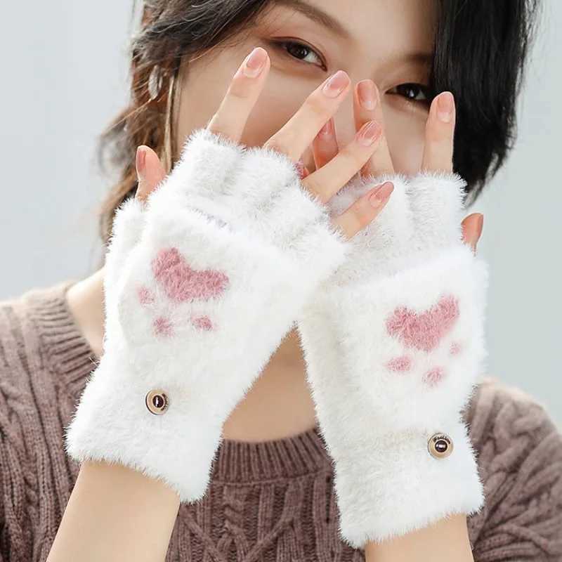 Thick Womens Warm Cat Gs Fashion Girl Cat Cl P Plush Gloves Soft Plush Short Finger Half Finger Winter Gs W241026