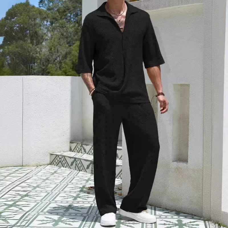 Prowow Mens Set Half Sleeved Shirt and Long Pants Twopiece Turndown Vneck Casual Streetwear Holiday Loose Suit s 241025