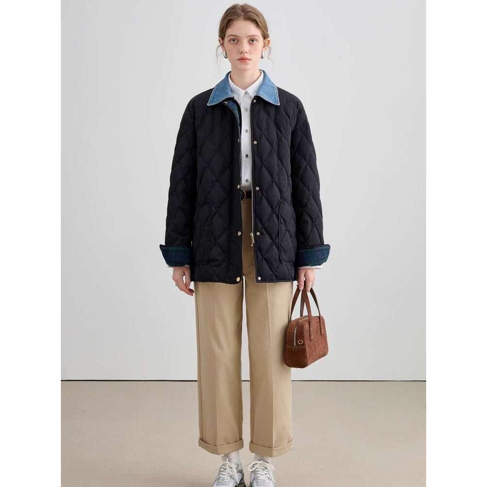 Cowboy Dia Grid For Women's Autumn Winter New Style, High-End And Fake Two-Piece Splicing Cotton Jacket