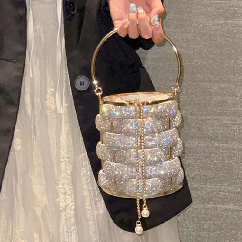 Womens rhinestone bucket bag womens clutch bag womens boutique multi-color crystal hollow metal wallet and handbag wedding 241025