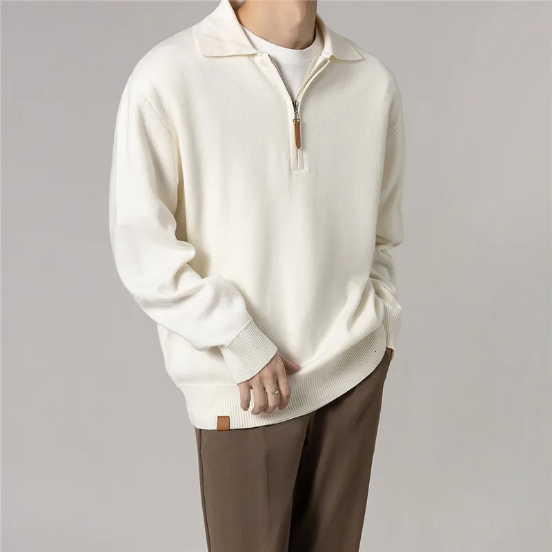 Autumn Clothing Mens Knitted Polo Shirt Casual Fashion Zippers Solid Color Long Sleeve Pullovers Leisure 241025