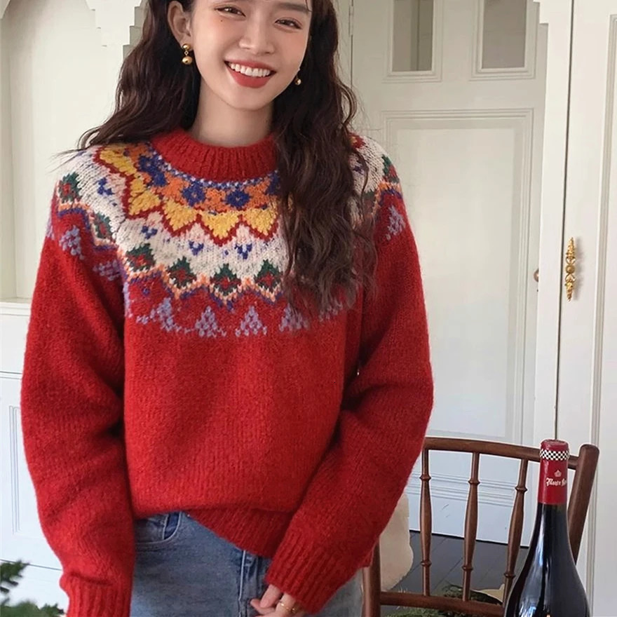 Fair Isle Retro Pattern Womens Sweater Cute Christmas Red Knitted Floral Comfortable Winter Parachute Loose Oversized 241025