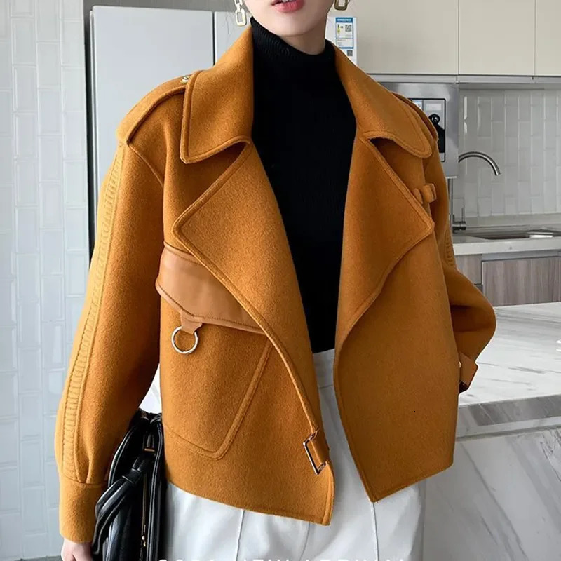 Womens Autumn Coat 2023 Pockets Solid Loose Short Jackets Ladies Wool Blends High Street Winter Woolen Coats for Women FWE60 241025