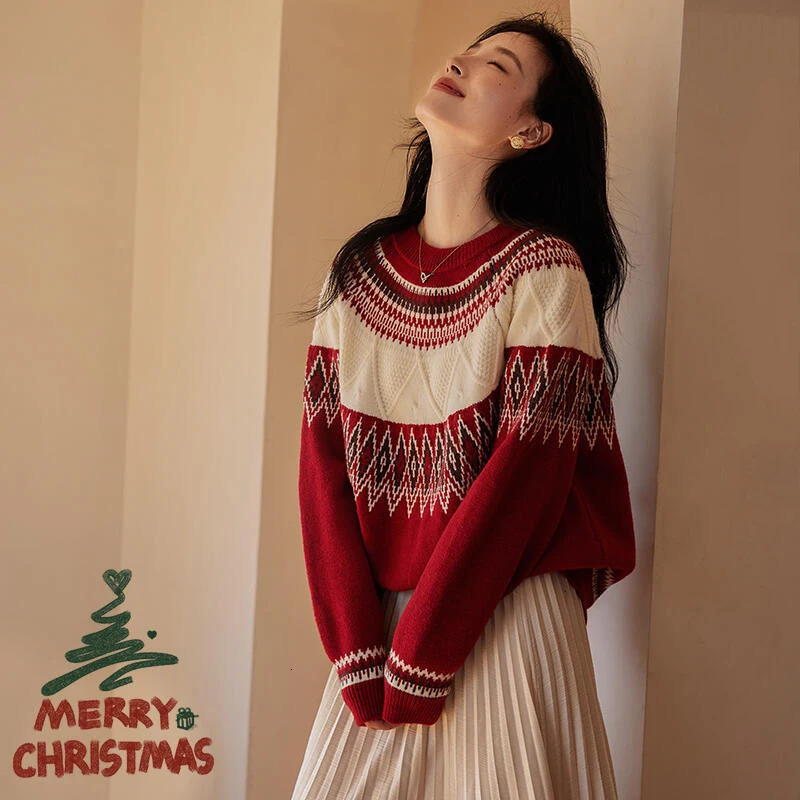 REDDACHiC Jacquard Retro Women Fair Isle Sweater Oneck Pullover Long Sleeves Loose Casual Jumper Top Christmas Winter Knitwear 241025