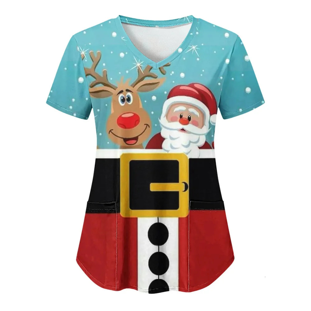 Women Christmas Nursing Scrubs Tops Working Uniform Blouse Short Sleeve Vneck tee Blusas Clothes Nurses Tunic 241025