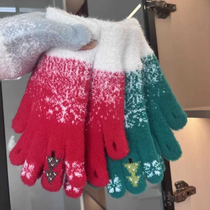 Winter Thick Cashmere Gs Christmas Tree Knitted Warm Finger Skiing Gs Touchscreen Double layer Plush Christmas Gs W241026