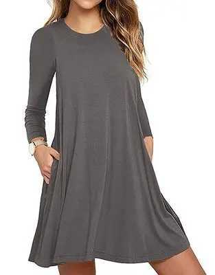 Womens autumn long sleeved round neck flat neck T-shirt dress solid color pleated swing casual loose zipper streetwear with pocket W241026
