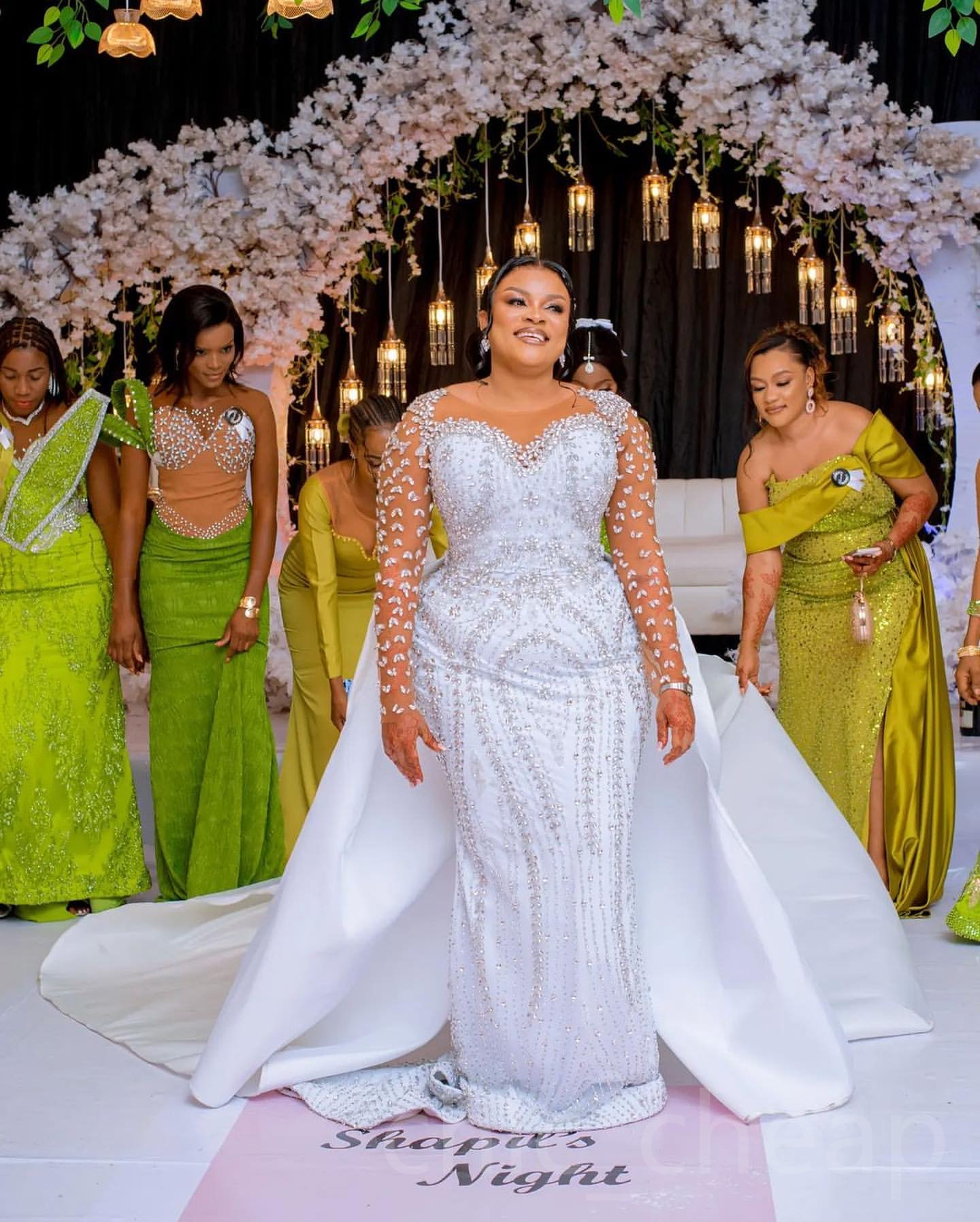 2024 Arabic Aso Ebi Plus Size White Mermaid Wedding Dresses Rhinestones Full Sleeves Sequined Lace Detachable Train Bridal Gowns Dress ZJ045