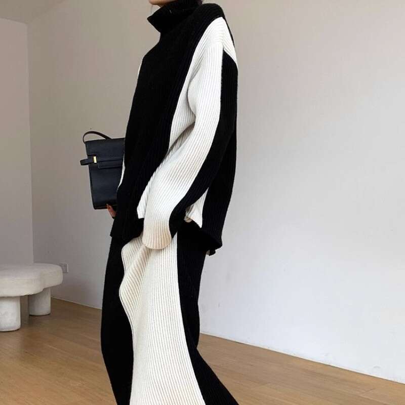 Black White Color Contrast Two-Piece Set For Women In Autumn And Winter 2023, With A Lazy Style High Neck Knitted Sweater An