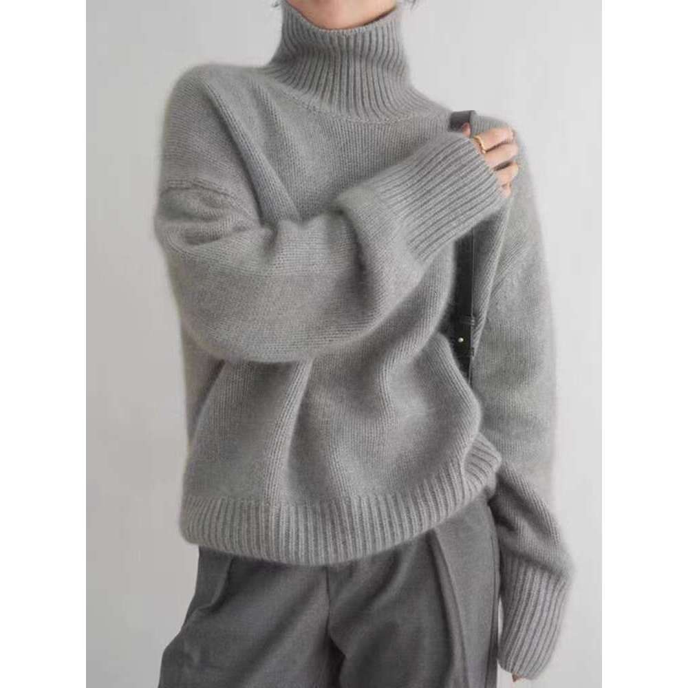 Autumn Winter New High Collar 100% Pure Cashmere Thick Knit Pullover Sweater Women Loose Languid Breeze