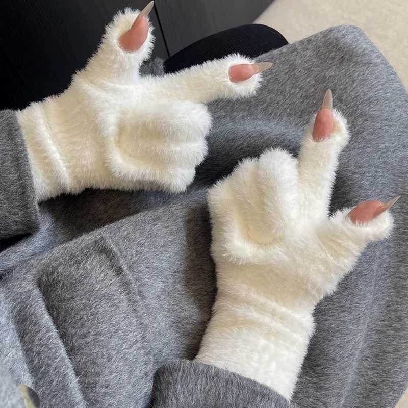 Womens long cashmere touch screen Gs Winter warmth Gs Elastic soft full finger gloves Plush artificial fur Knitted Gs W241026