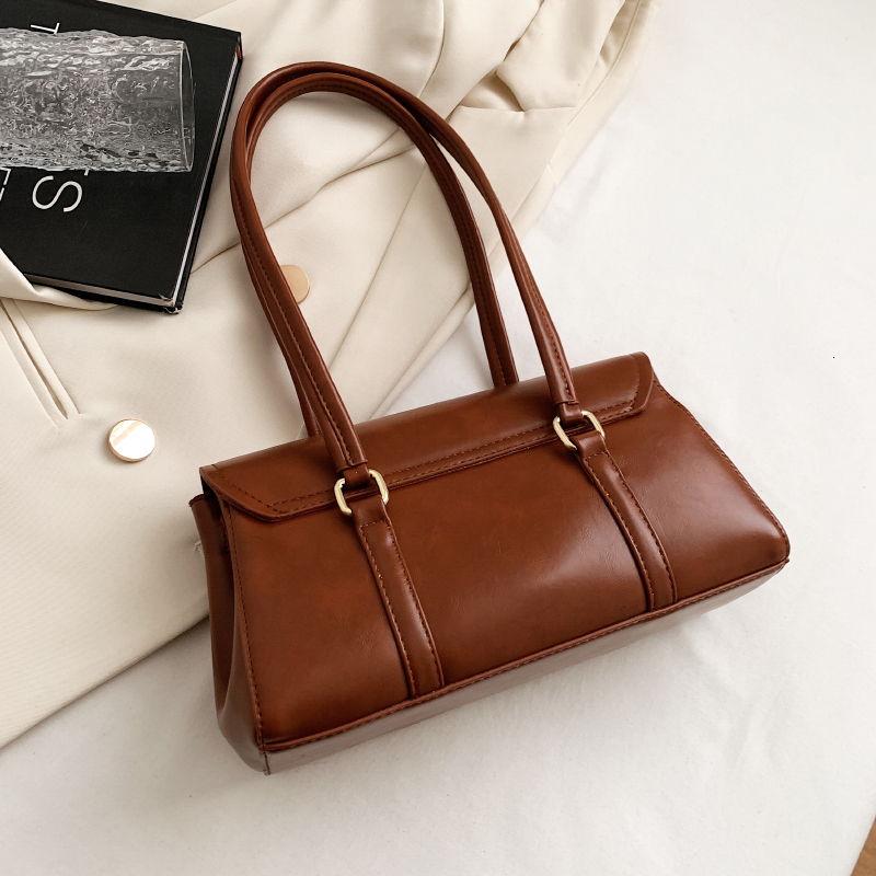 2024 Designer British Style Retro Single Shoulder Solid Color PU Leather Retro Women's Handbag Trendy Women's Commuter Bag Classic Fashion B