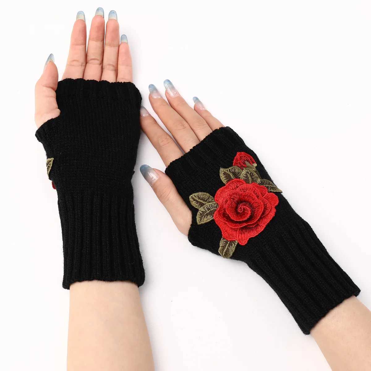 2024 Autumn Winter Womens Short Fashion Embroidered Flowers Gs Knitted Wool Sleeves Warm Finger Gloves Gs Women W241026