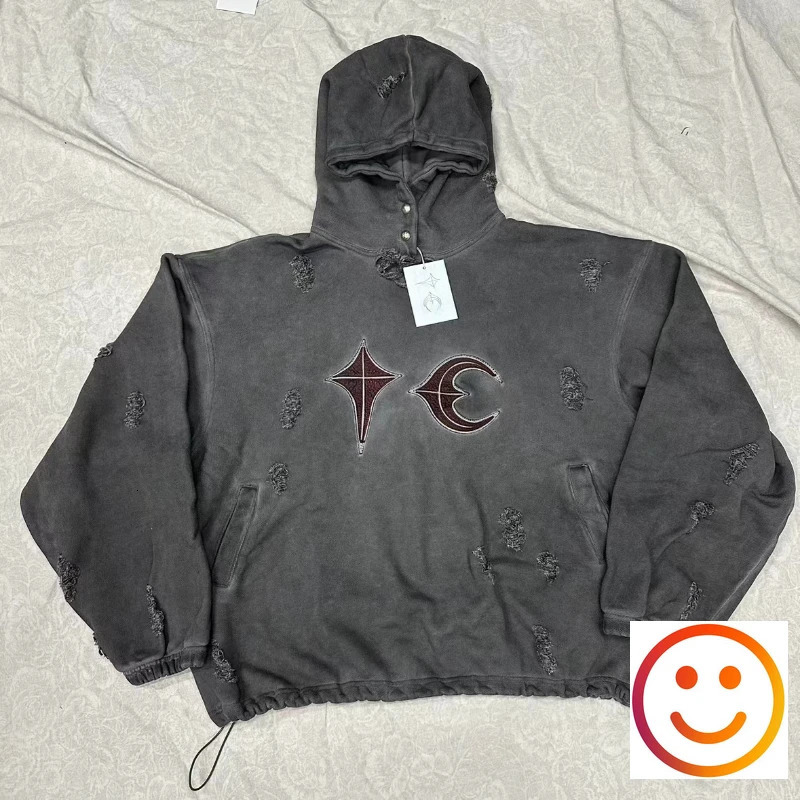 Wash Cut Hole Damaged THUG CLUB Hoodie Leather Embroidery Patch Label Sweatshirts Men Women High Quality Terry Pullovers Loose 241025
