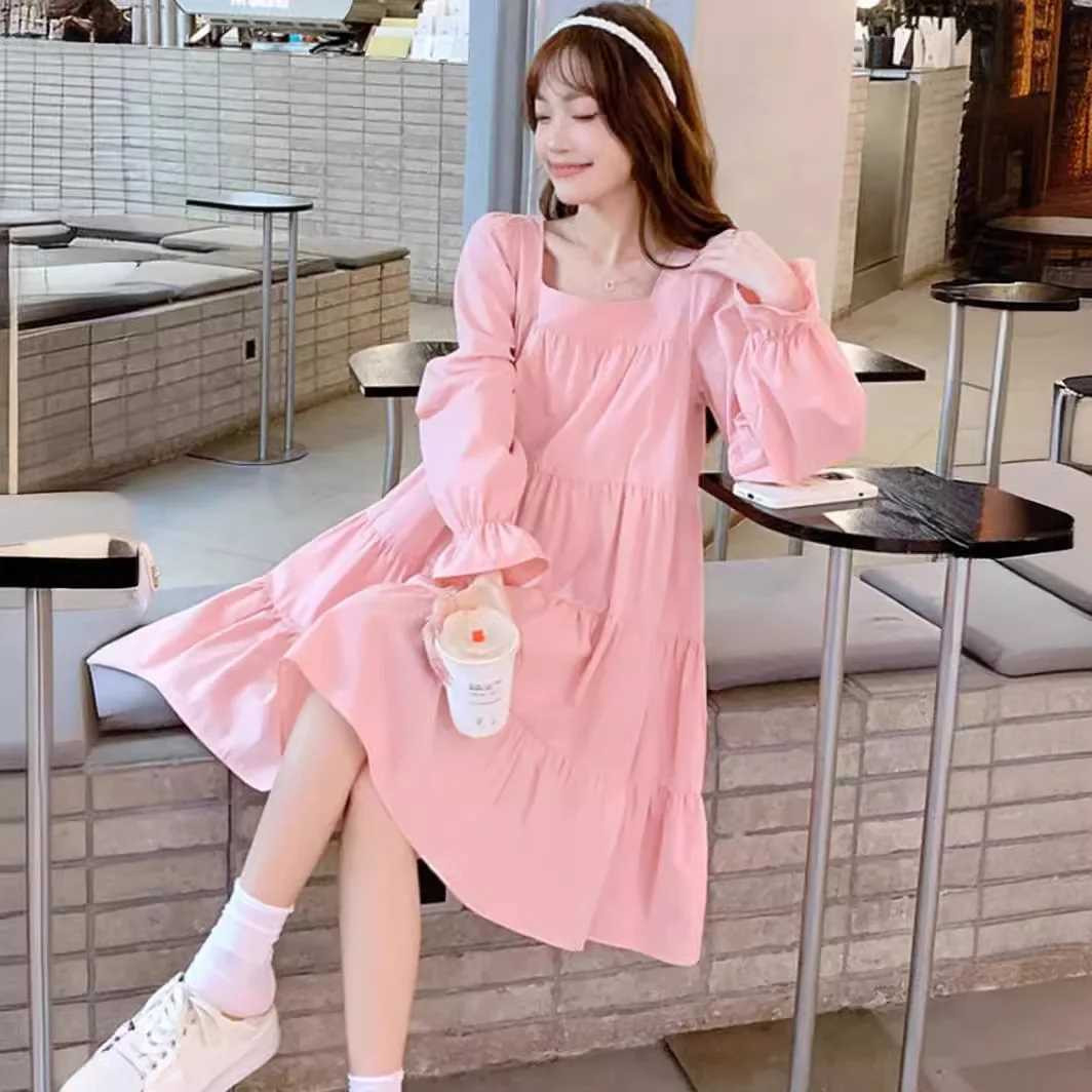 New Ins style pregnant womens spring and summer dresses sweet pink doll dresses Chinese New Year summer Komatsu A-line skiing W241026