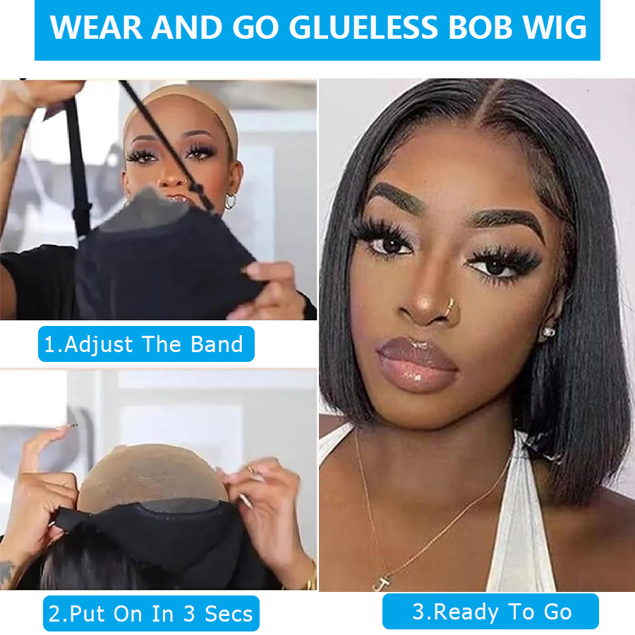 10inch Bob Human Hair Ready To Straight Wear Go Glueless Wig Pre-Plucked Top Brazilian Wigs for Women