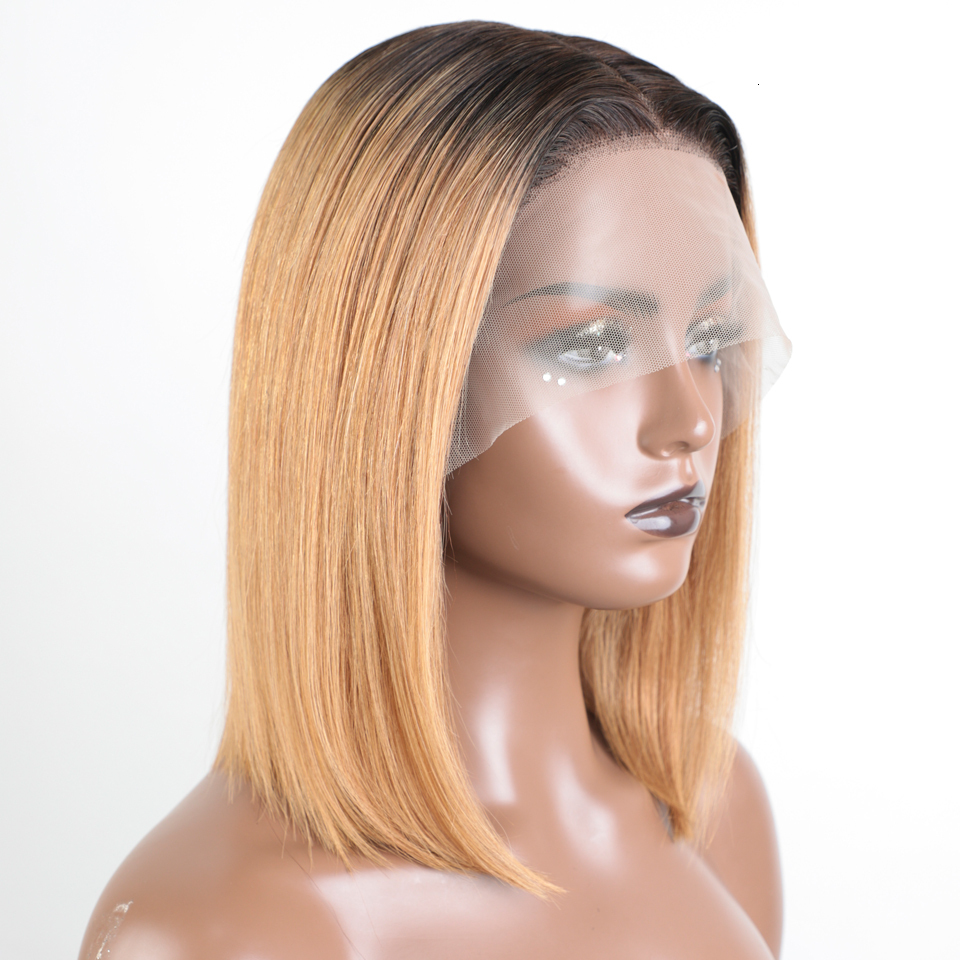 Lekker Ombre Gold Blonde Short Straight Bob 13x1 Lace Front 100% Human Wigs For Women Glueless Brazilian Remy Hair Colored