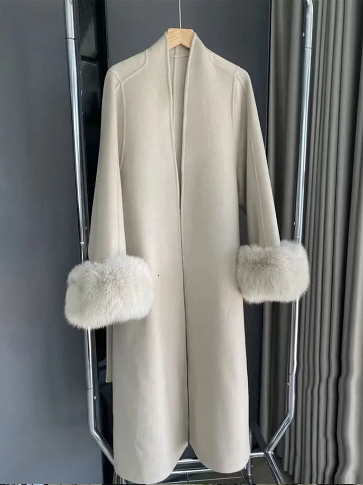 2024 Vintage Wool Blend Coat With Belt Long Womens Elegant Warm Winter Clothes Fashion Outerwear Trench 241025