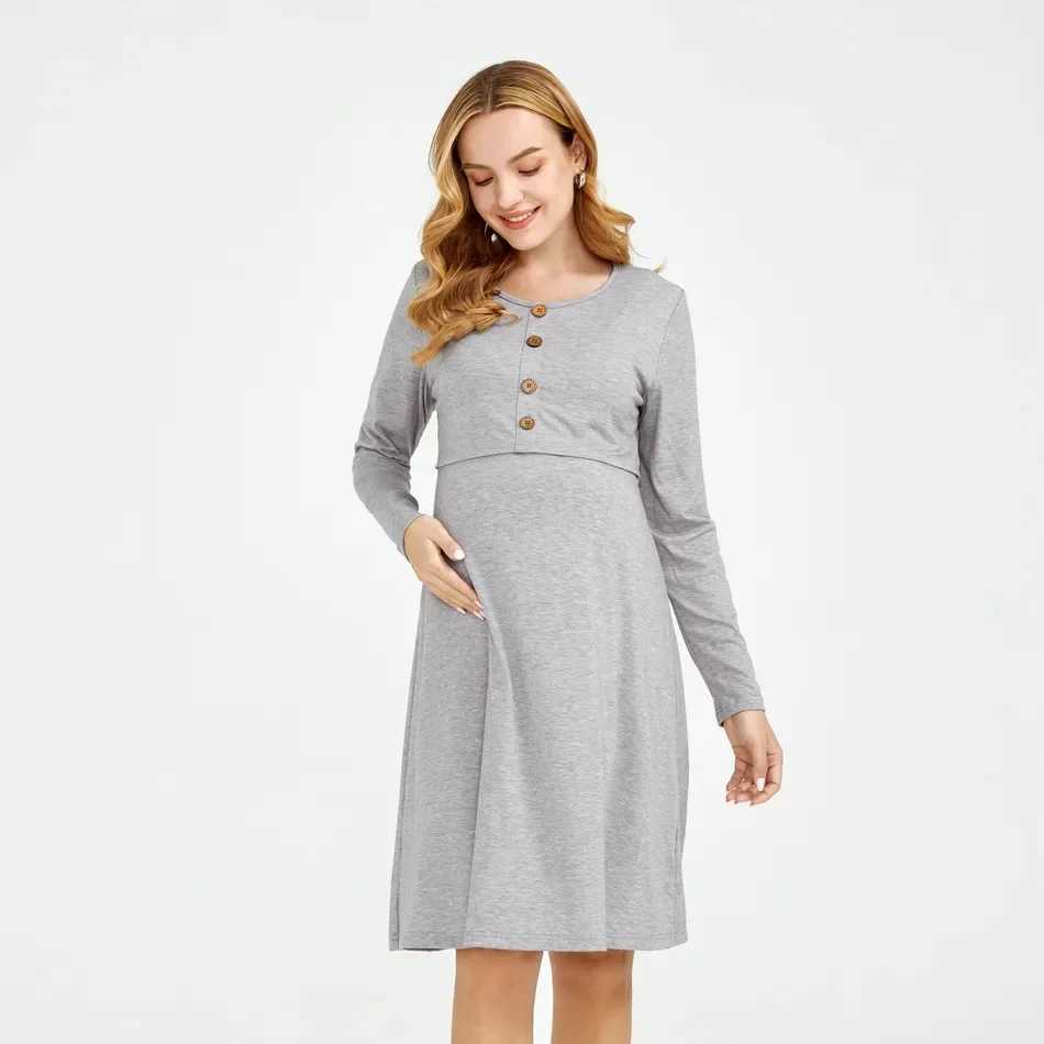Summer Womens Solid Color Pregnant Long Dress Comfortable Foldable Round Neck Fashionable Breast Enhancement Dress W241026