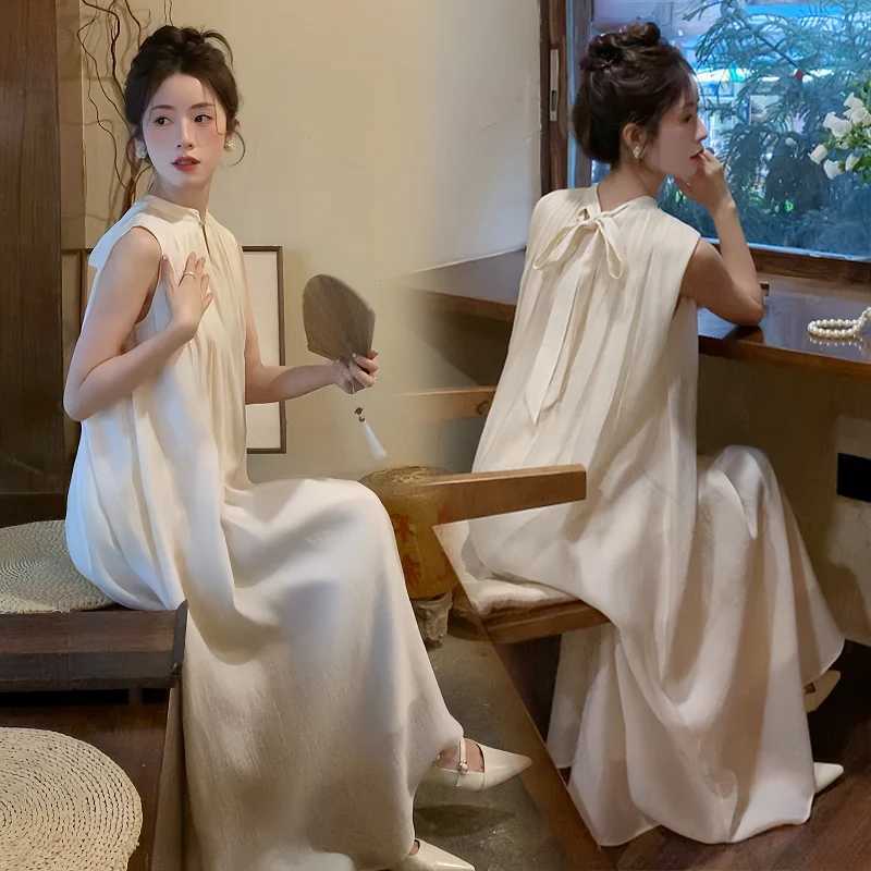 Summer 2024 maternity dress sleeveless Chinese style elegant pleated long dress loose maternity party dress bow W241026