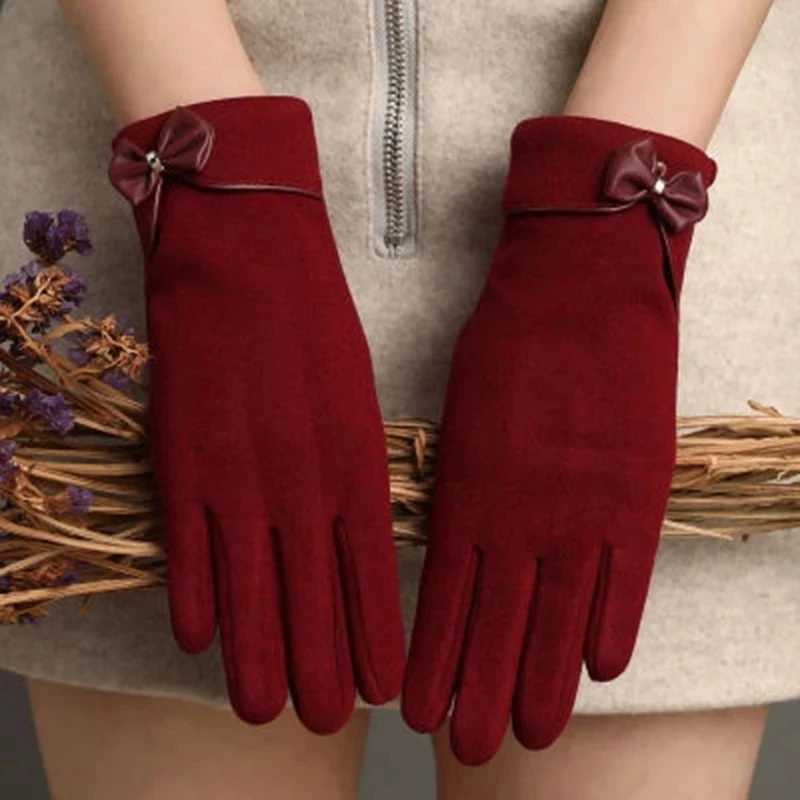Womens Winter Cashmere Plus Velvet Plush Full Finger Bicycle Warm Gloves Womens PU Leather Bow Touchscreen Driving G H80 W241026