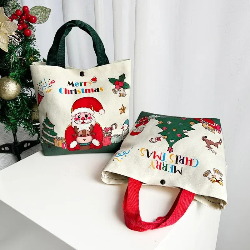 Christmas Canvas Bag Santa Claus Xmas Tree Elk Snowman Noel Bell Handheld Gift Bag Merry Christmas Decor Happy Year 2025 241025