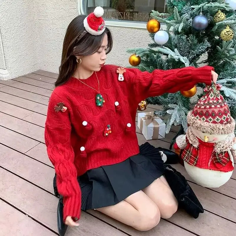 Christmas womens clothing red sweater womens top T-shirt sweet autumn winter casual Korean bright thread decoration knitting pull 241025