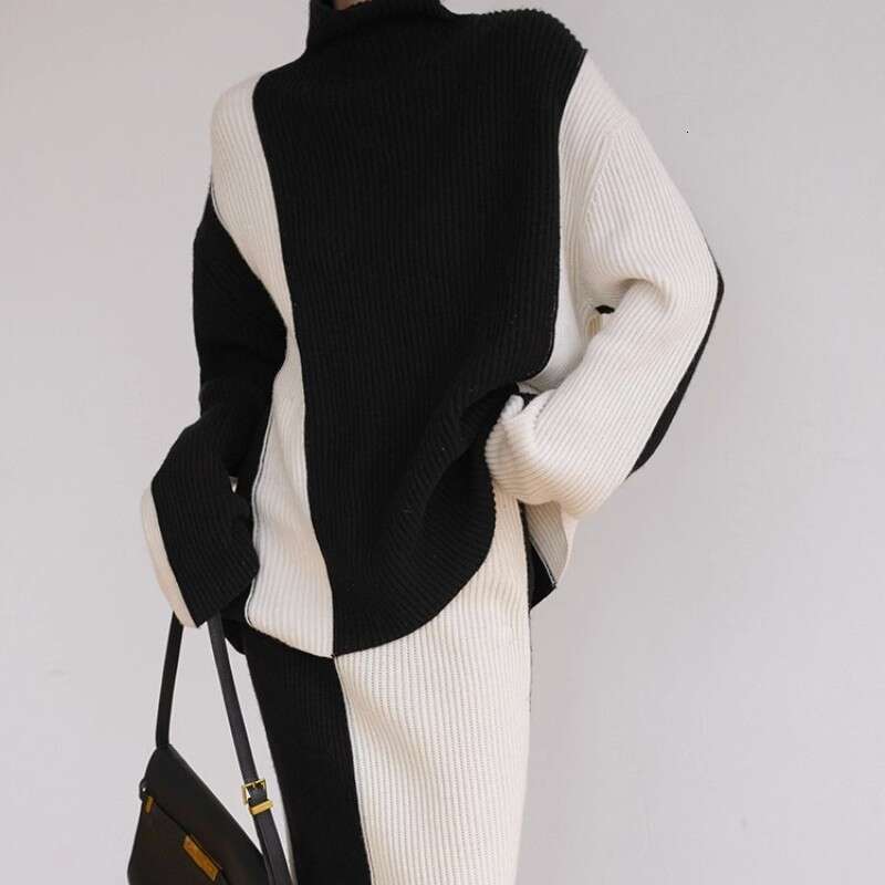 Black White Color Contrast Two-Piece Set For Women In Autumn And Winter 2023, With A Lazy Style High Neck Knitted Sweater An