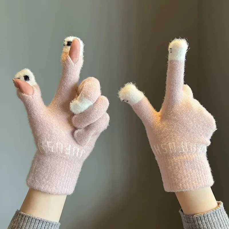 Open Finger Gs Winter Warm Open Finger Gs Female Cute Panda Finger Touchscreen Gs Warm Outdoor Knitted Gs W241026