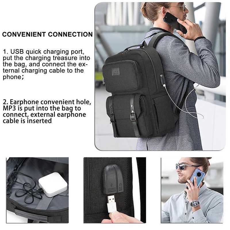 New Fi Portable Travel Anti-theft Design Backpack With Large Capacity Black Nyl Cloth Laptop Bag With USB Charging PortXJ241026
