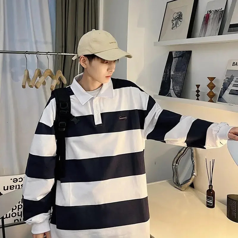 Spring Autumn Long Sleeve Polo Shirt Mens Striped Japanese Style Loose Fit Versatile Trendy Lapel Tshirt Top For Youth 241025