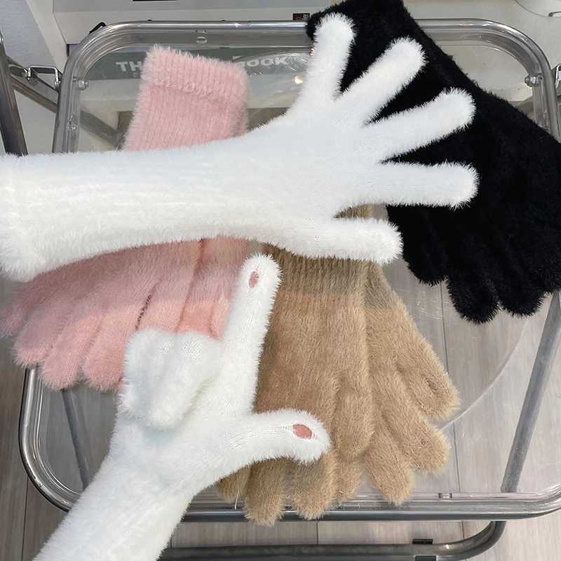 Womens Plus Cashmere Touchscreen Gs Winter Warmth Gs Elastic Soft Full Finger Gloves Plush Artificial Fur Knitted Gs W241026