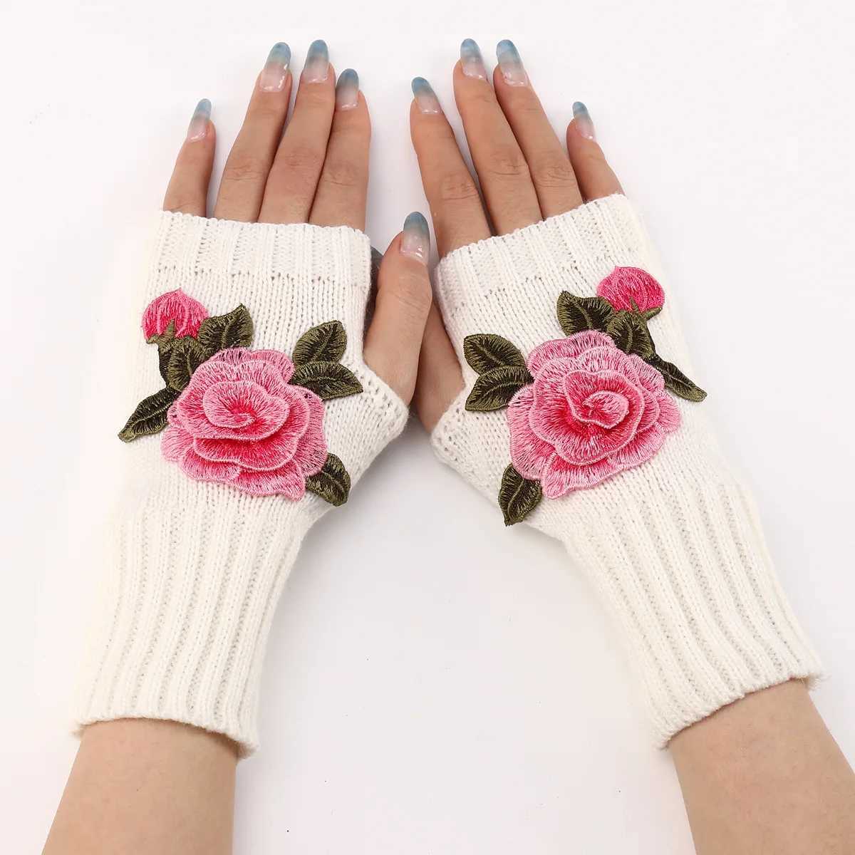 2024 Autumn Winter Womens Short Fashion Embroidered Flowers Gs Knitted Wool Sleeves Warm Finger Gloves Gs Women W241026