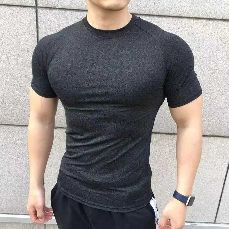 2024 New Mens Summer Short Slip Shirt Running Sports Fitness Compression T-shirt Casual Elastic Strength Top W241026