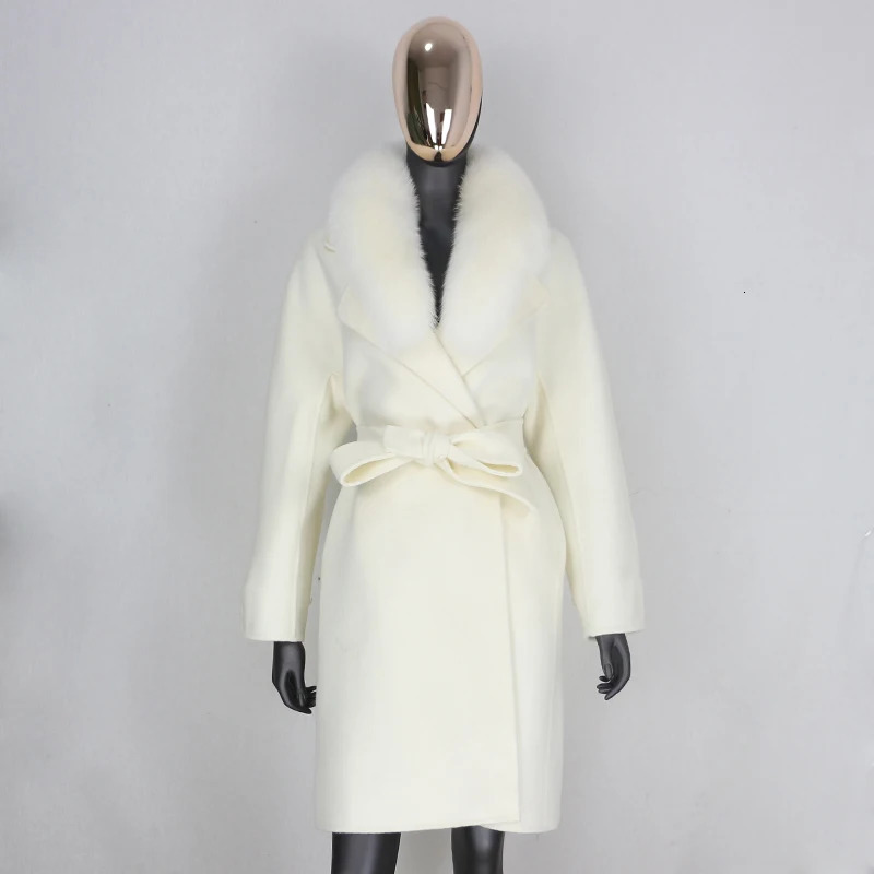 CXFS Real Fur Coat Winter Jacket Women Loose Natural Collar Cashmere Wool Blends Long Outerwear Belt Streetwear 241025