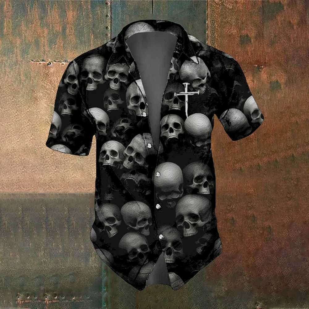 Skeleton Summer Mens Short Sleve Shirt Strt Fashion Top Rose Skull Pattern Mens Casual Oversized Shirt W241026