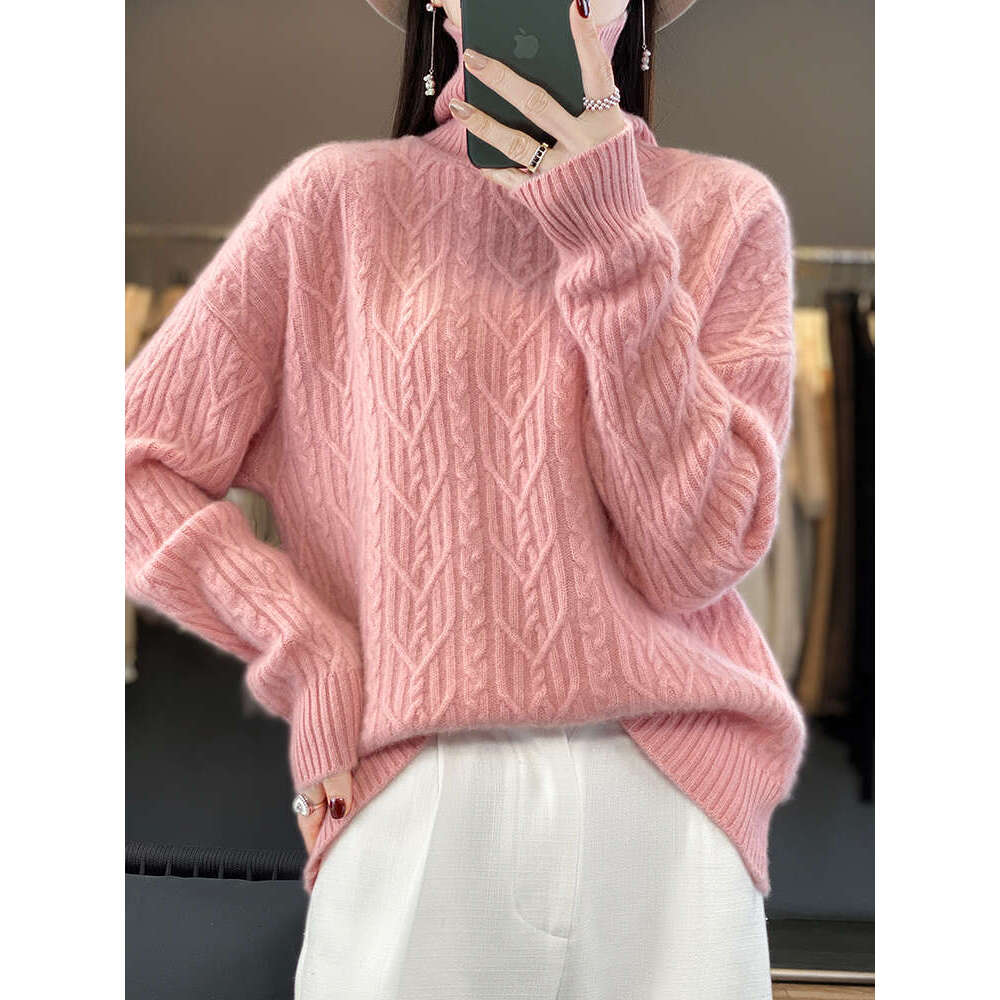 Autumn Winter Loose Thick Women 100% Merino Wool Mock-Neck Solid Pocket Cashmere Sweater Female Clothing Top