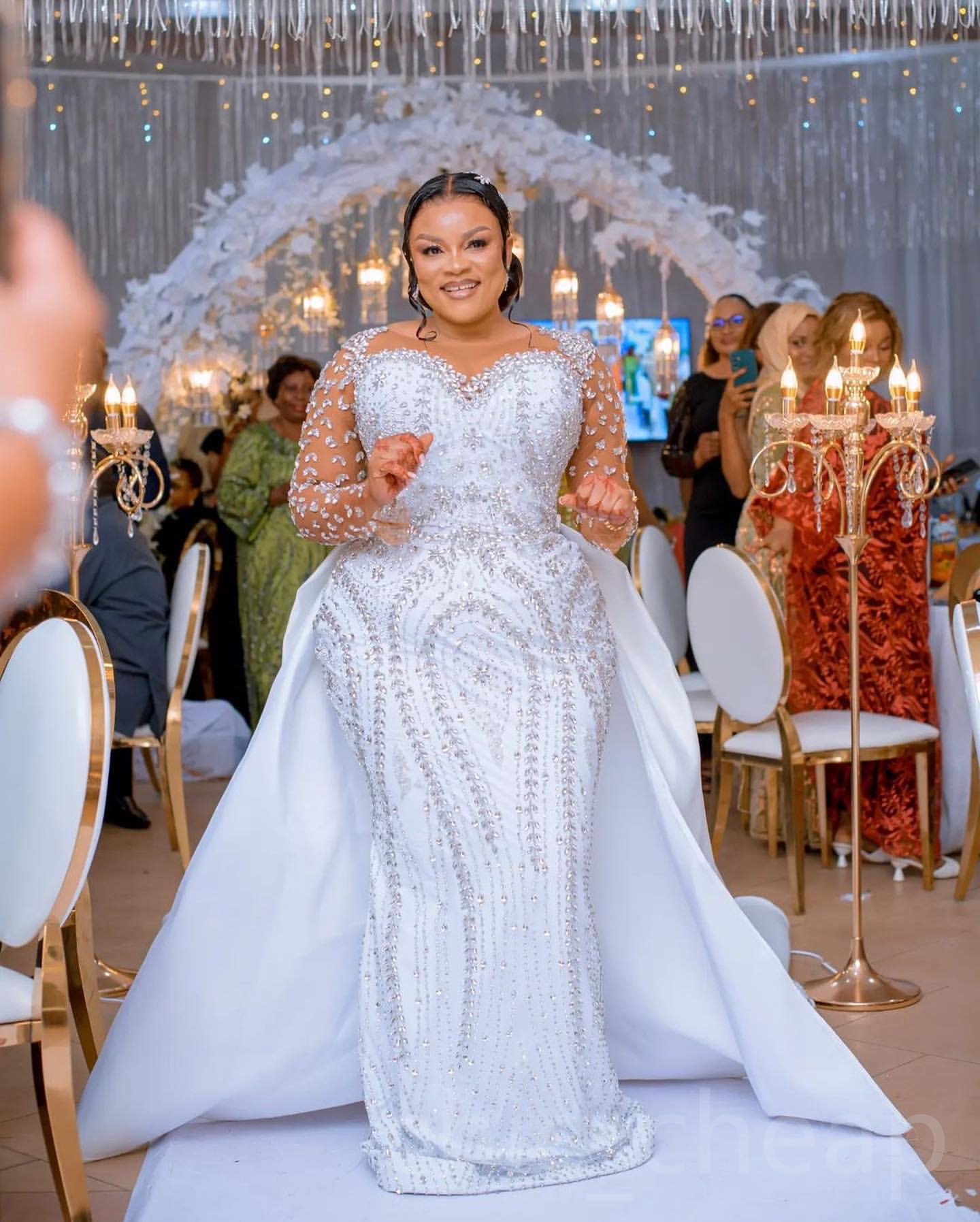 2024 Arabic Aso Ebi Plus Size White Mermaid Wedding Dresses Rhinestones Full Sleeves Sequined Lace Detachable Train Bridal Gowns Dress ZJ045