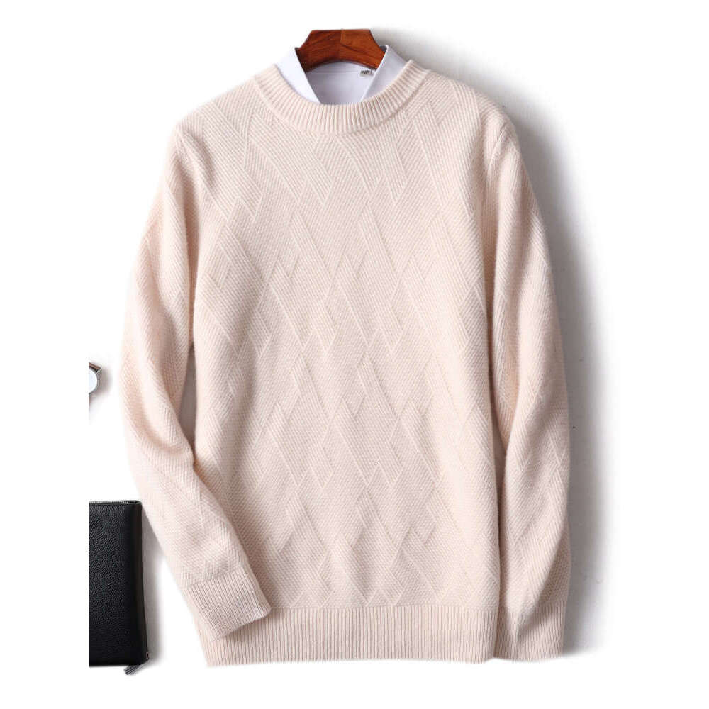 CHICUU Autumn Winter Men's Cashmere Thick O-Neck Pullover 100% Merino Wool Knitwear Cable Knitting Comfy Sweater