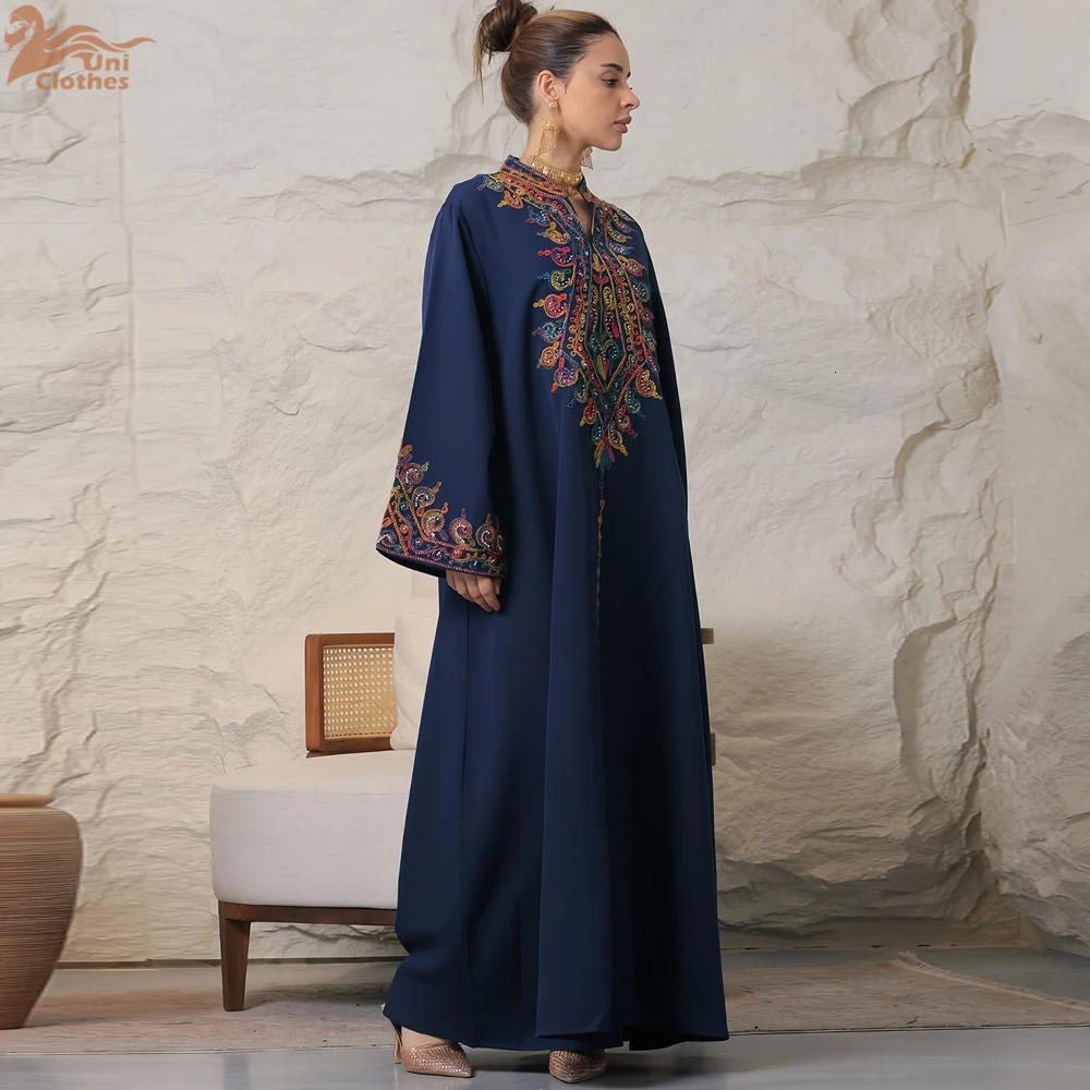 Uni Embroidered V-neck Long Dress Dubai Arab Abaya Muslim Women Loose Morocco Saudi Arabia Ethnic Jalabia Fashion Robe 241025