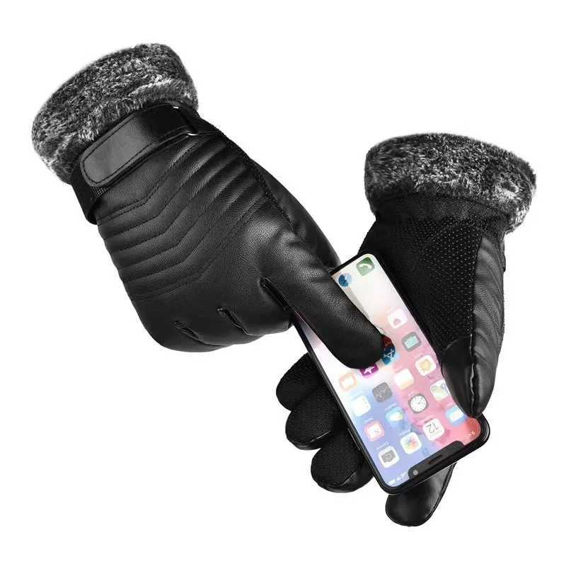 Winter Warm Black PU Gs Mens Fur Mouth Plush Insulated Gloves Mens Outdoor Bicycle Touchscreen Cotton Gs W241026