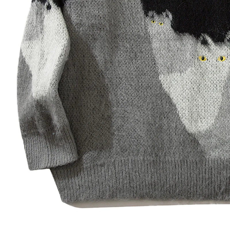 Womens Autumn And Winter Black Cat Sweater Unisex Round Neck Casual Knitted Pullover 241025