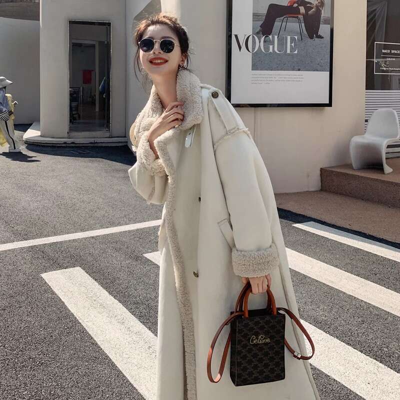 White Integrated Lamb Fur For Women's 2023 Winter New High-End Sense Standing Collar Thickened Woolen Coat