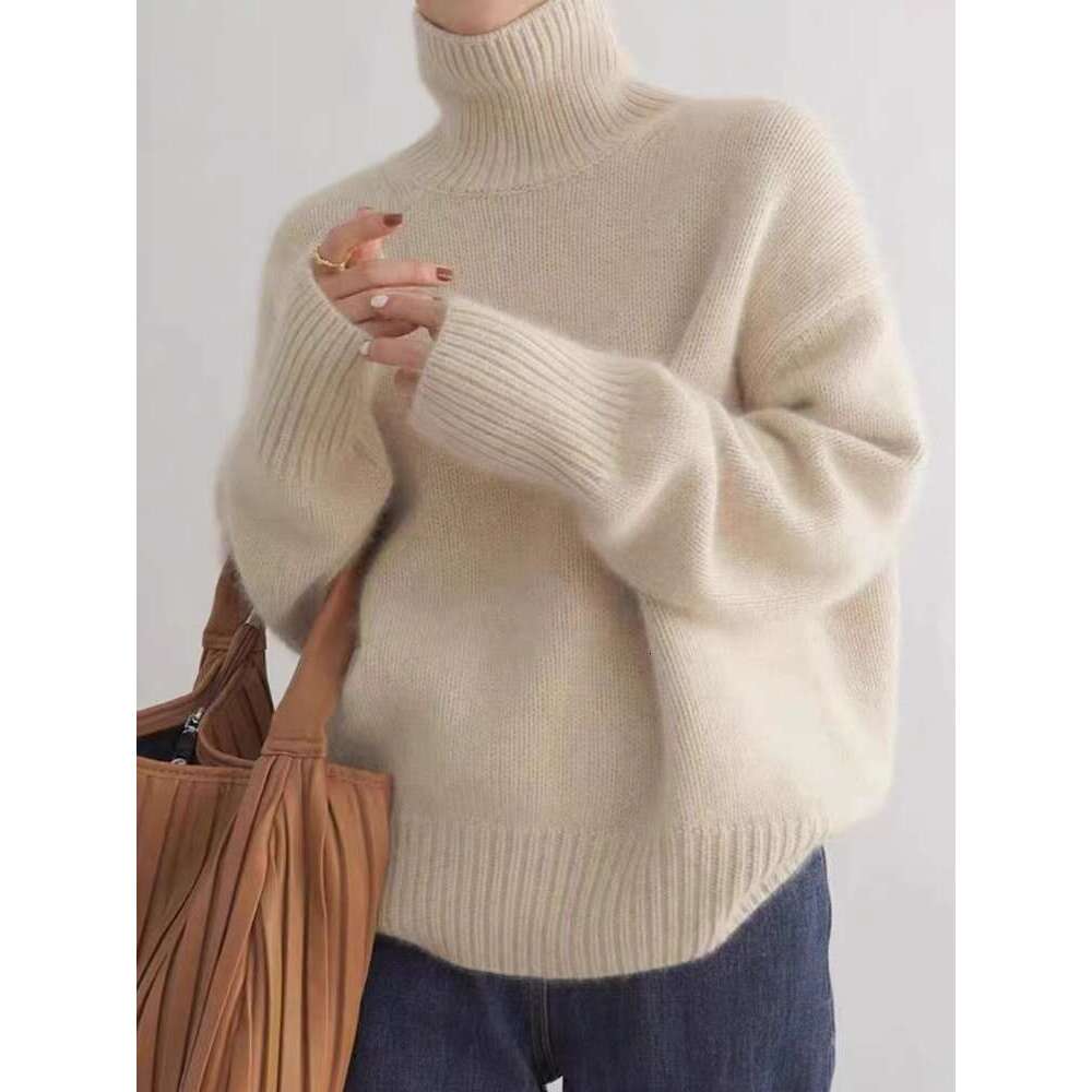 Autumn Winter New High Collar 100% Pure Cashmere Thick Knit Pullover Sweater Women Loose Languid Breeze