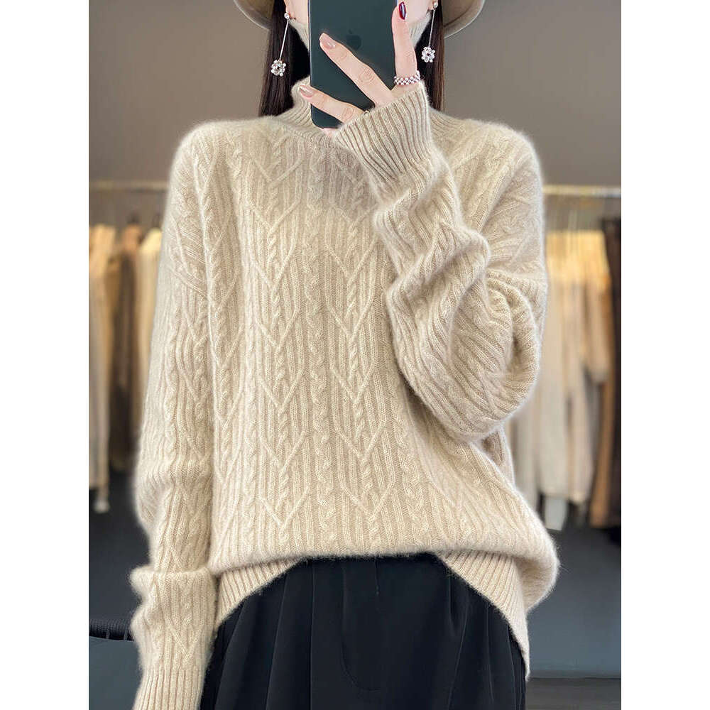 Autumn Winter Loose Thick Women 100% Merino Wool Mock-Neck Solid Pocket Cashmere Sweater Female Clothing Top