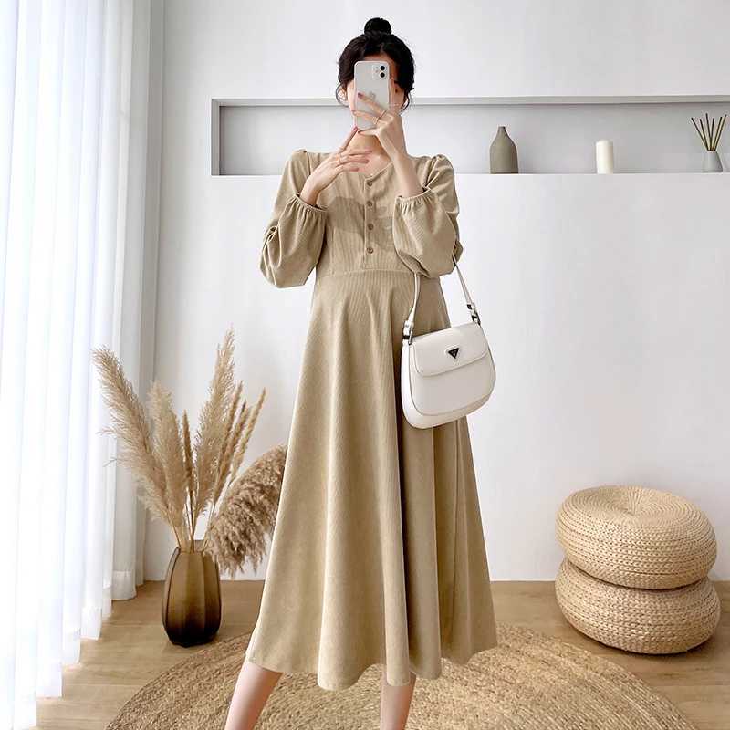Autumn and winter maternity clothing long sleeved Corduroy shirt office womens dress elegant maternity dress black khaki W241026