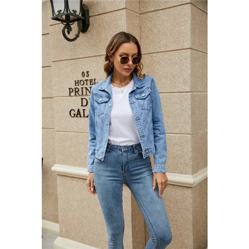 2024 Women Short Denim Jackets Fashion Female Casual Long Sleeve Lapel Solid Button Pocket Slim Jean Jacket Fall Winter Coat 241025