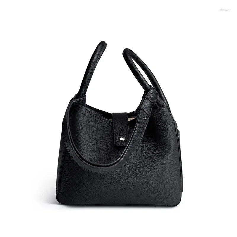 Drawstring Leather Handbag First Layer Cowhide Fashion Design Basket Shoulder Bag Temperament Soft Bucket