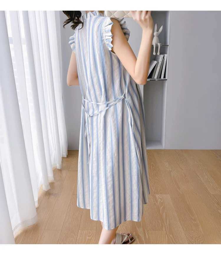 2024 Summer Pregnant Womens Striped Long Dress Petal Sleeve Cotton Linen Dress Sweet Sleeveless Pregnant Women A-line Dress W241026